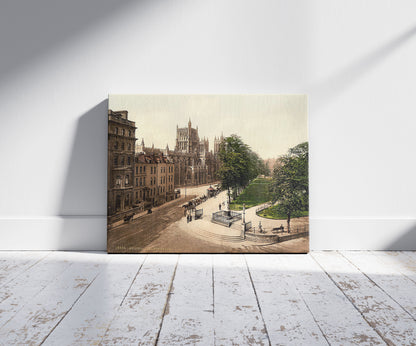 A picture of College Green, Bristol, England, a mockup of the print leaning against a wall