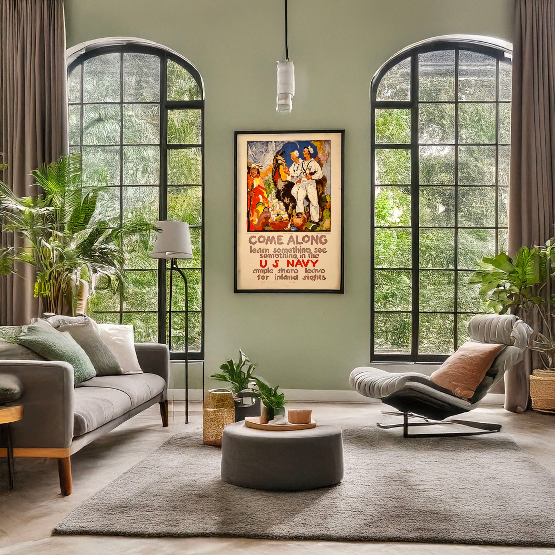 A picture of Come along - learn something, see something in the U.S. Navy Ample shore leave for inland sights /, a mockup of the print leaning against a wall