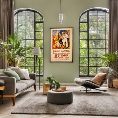 A picture of Come along - learn something, see something in the U.S. Navy Ample shore leave for inland sights /, a mockup of the print leaning against a wall
