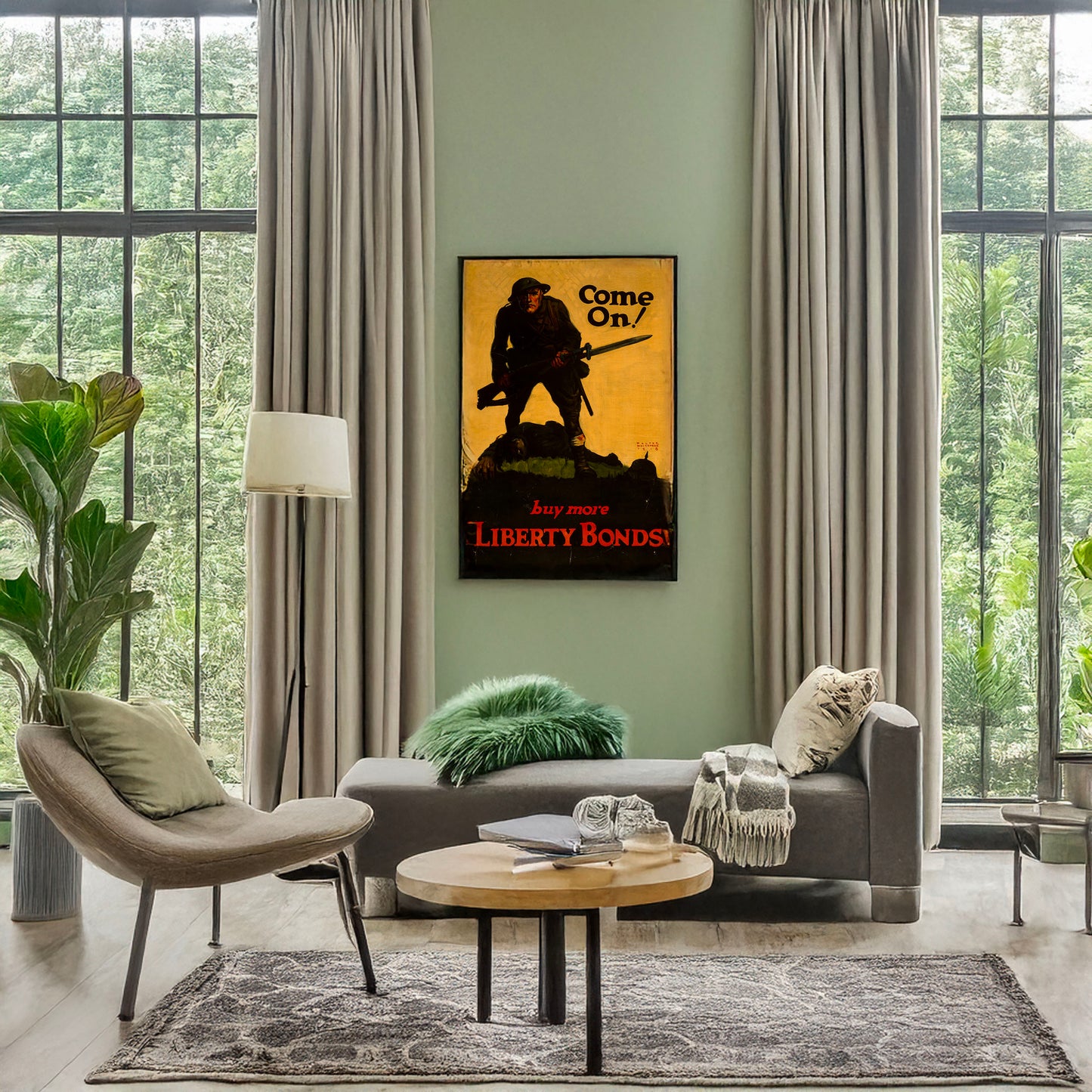 A picture of Come on! Buy more Liberty Bonds, a mockup of the print leaning against a wall