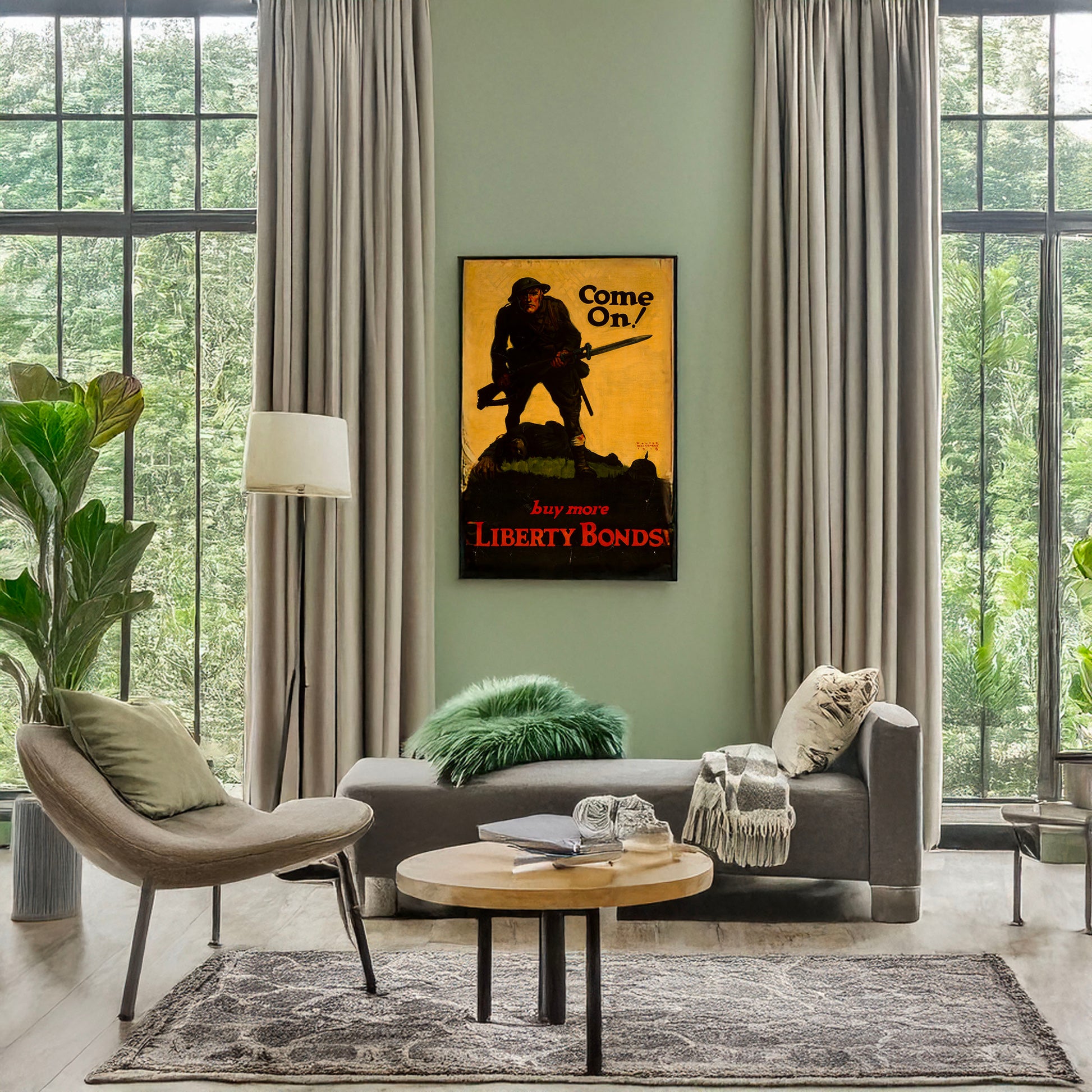 A picture of Come on! Buy more Liberty Bonds, a mockup of the print leaning against a wall