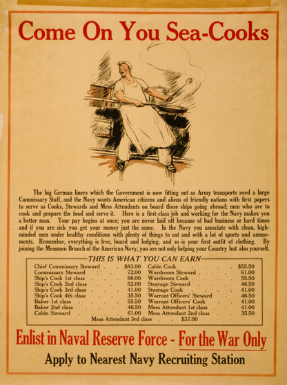A picture of Come on you sea-cooks Enlist in Naval Reserve Force - for the war only : Apply to nearest Navy recruiting station.