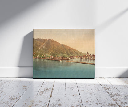 A picture of Como, the harbor, Lake Como, Italy, a mockup of the print leaning against a wall