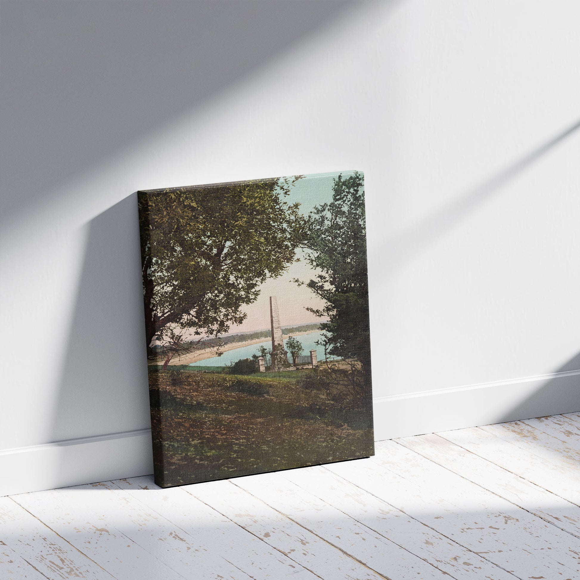 A picture of Cook's Landing Place, Botany Bay, N.S.W., a mockup of the print leaning against a wall