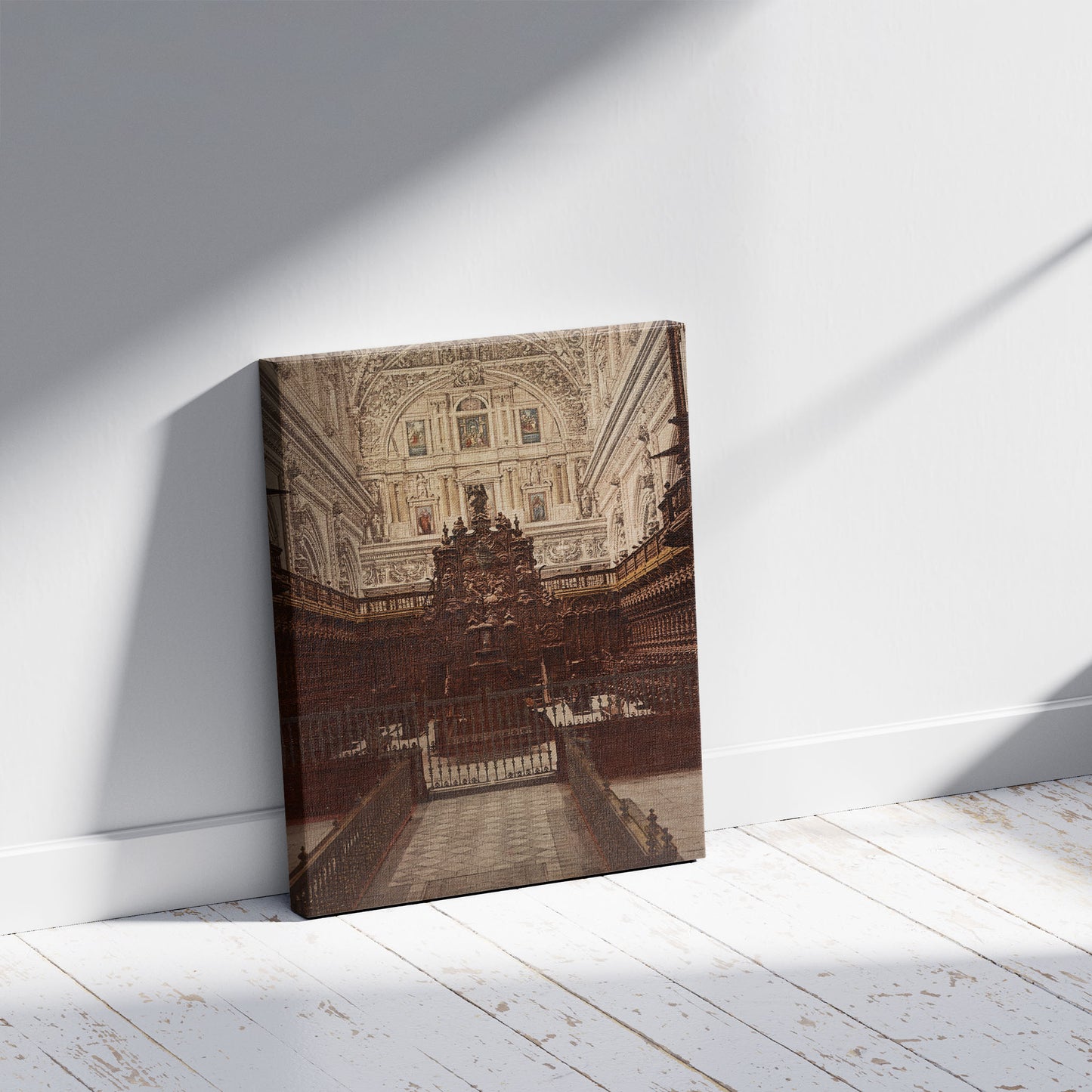 A picture of Córdoba. El Coro del la Càtedral, a mockup of the print leaning against a wall
