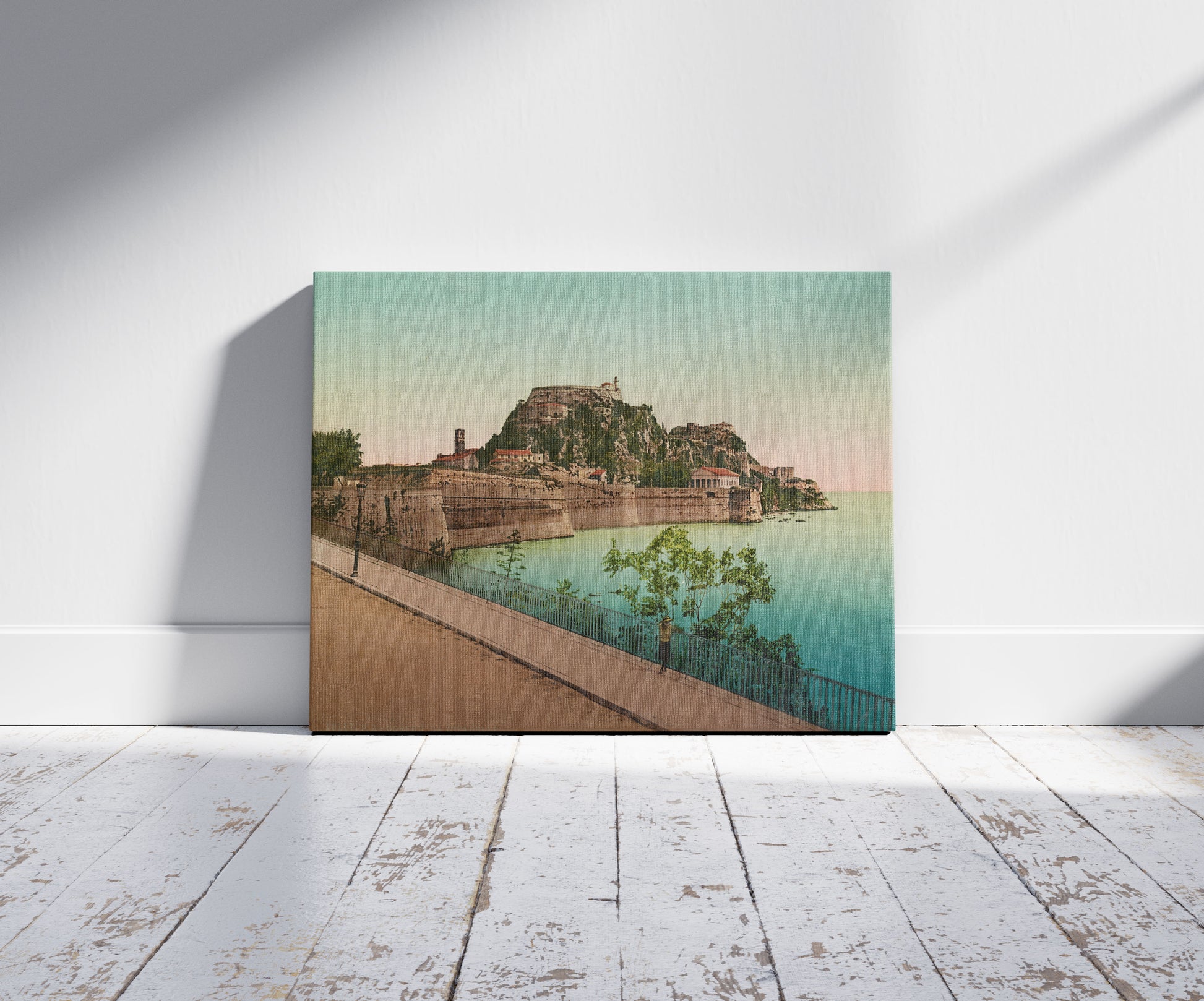 A picture of Corfoù. La Citadelle, a mockup of the print leaning against a wall