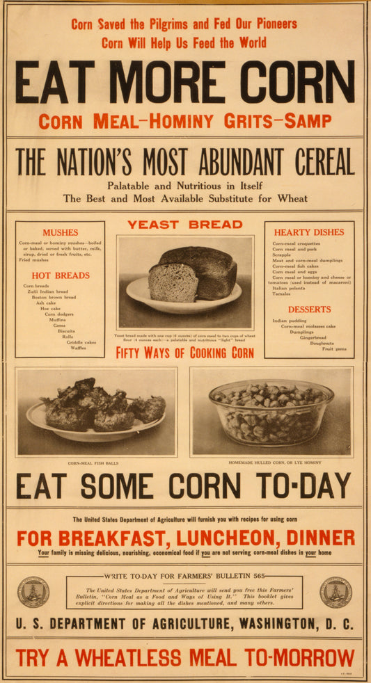 A picture of Corn saved the Pilgrims and fed our pioneers--Corn will help us feed the world--Eat more corn