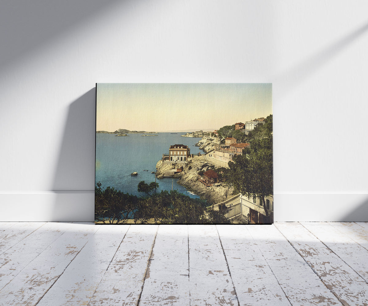 A picture of Corniche Road, from the Roubion Restaurant, Marseilles, France, a mockup of the print leaning against a wall