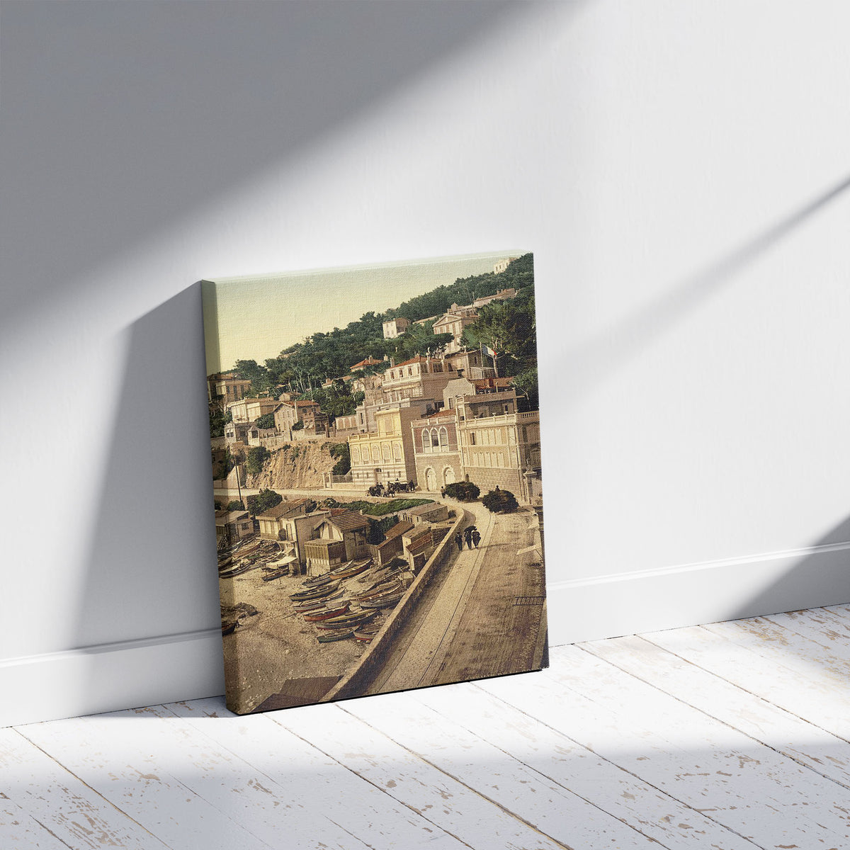 A picture of Corniche Road, II, Marseilles, France, a mockup of the print leaning against a wall