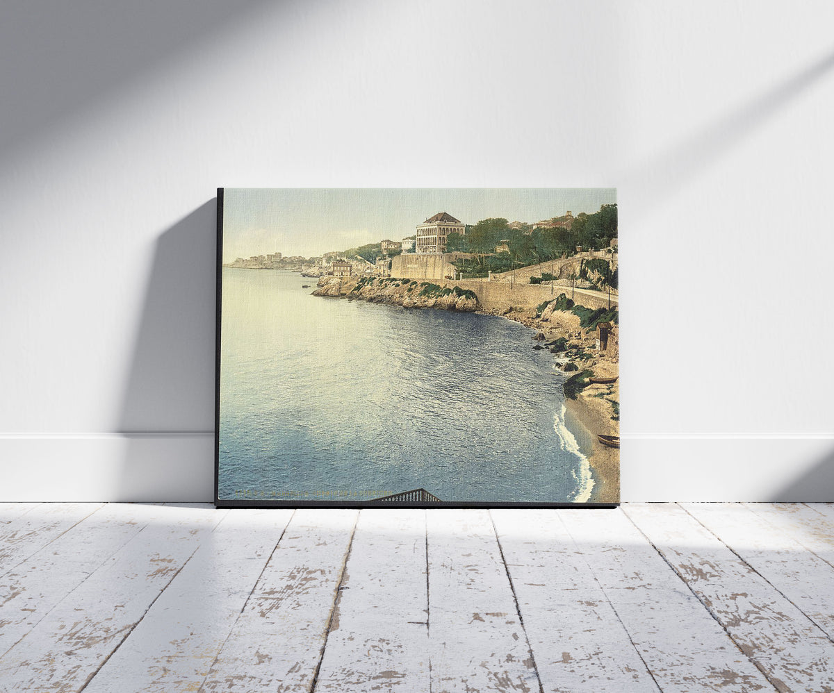 A picture of Corniche Road, III, Marseilles, France, a mockup of the print leaning against a wall