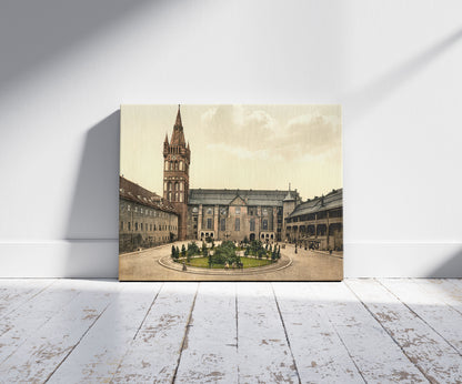 A picture of Court and church of the castle and the criminal tribunal, Konigsberg, East Prussia, Germany (i.e., Kaliningrad, Kaliningradskai︠a︡ oblastʹ, Russia), a mockup of the print leaning against a wall