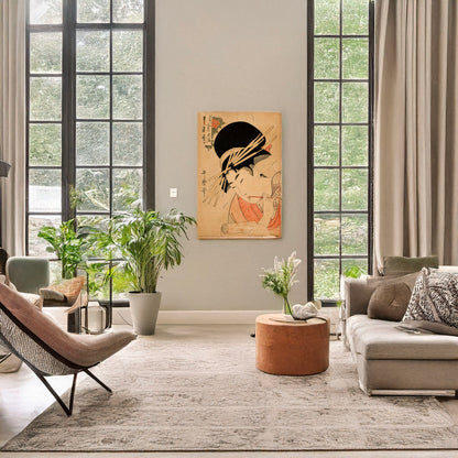 A picture of Courtesan, head-and-shoulders portrait, facing left, holding a scroll and chewing on the end of a brush, a mockup of the print leaning against a wall