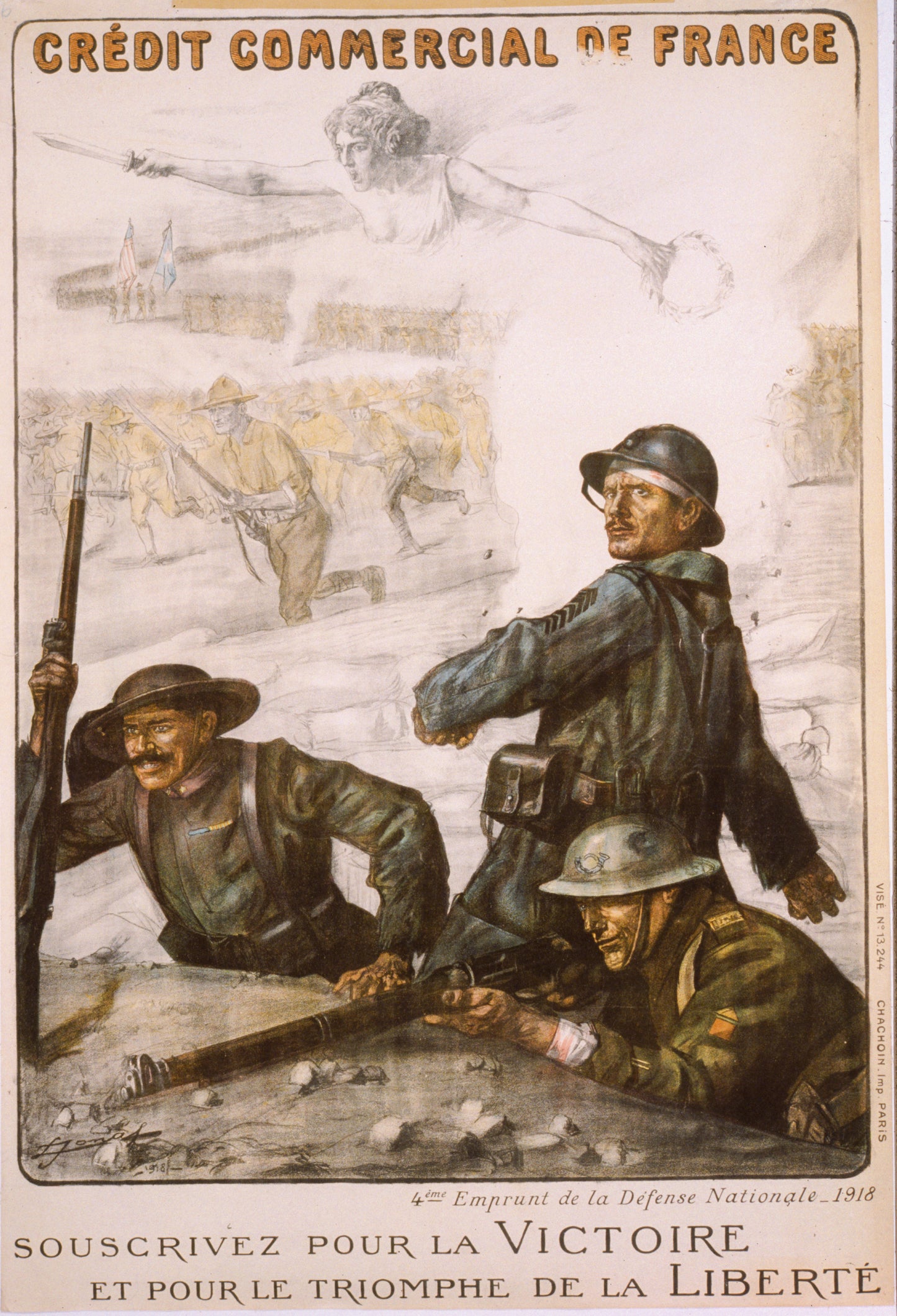 A picture of Crédit Commercial de France. 4ème Emprunt de la Défense Nationale - 1918. Souscrivez pour la victoire et pour le triomphe de la liberté