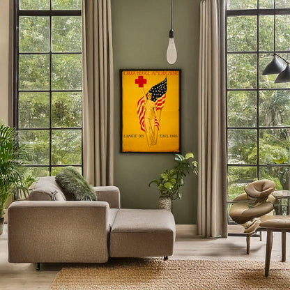 A picture of Croix Rouge Americaine L'Amitié des États Unis., a mockup of the print leaning against a wall