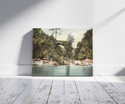 A picture of Cromwell's Bridge, Glengariff. County Cork, Ireland, a mockup of the print leaning against a wall