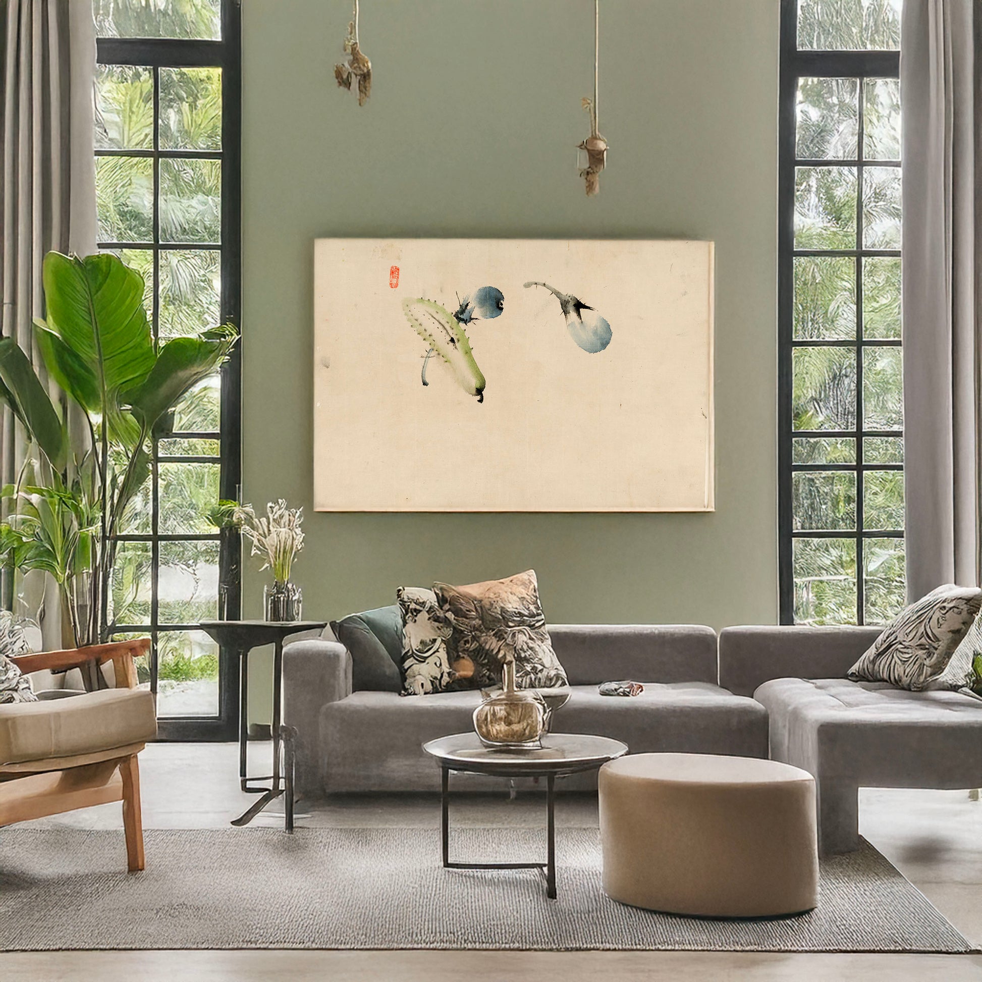 A picture of Cucumber or squash and eggplant, a mockup of the print leaning against a wall