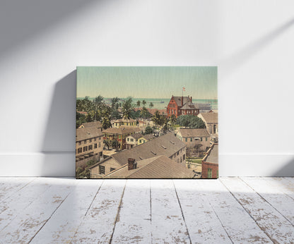A picture of Custom House and harbor, Key West, a mockup of the print leaning against a wall