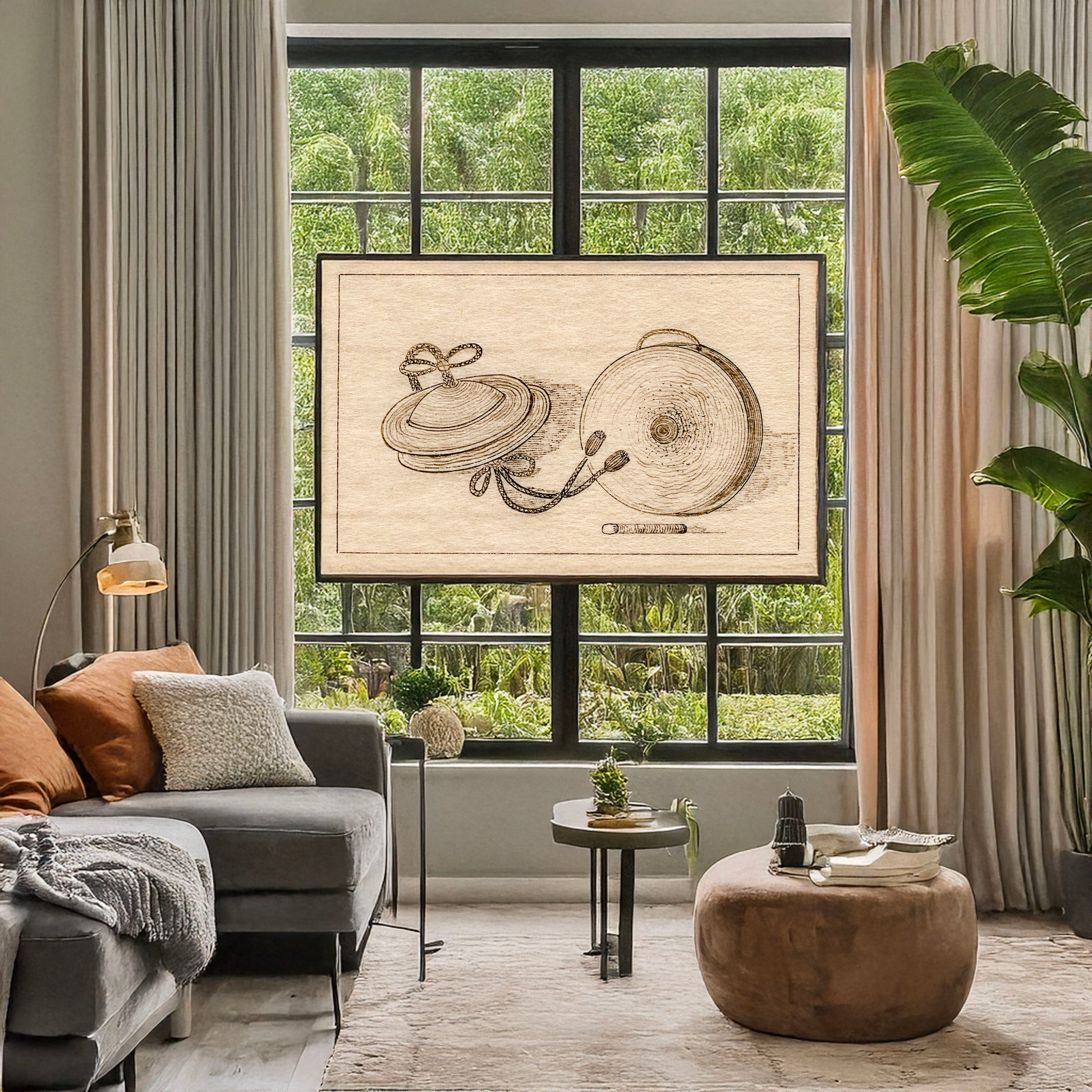A picture of Cymbals - drum, a mockup of the print leaning against a wall