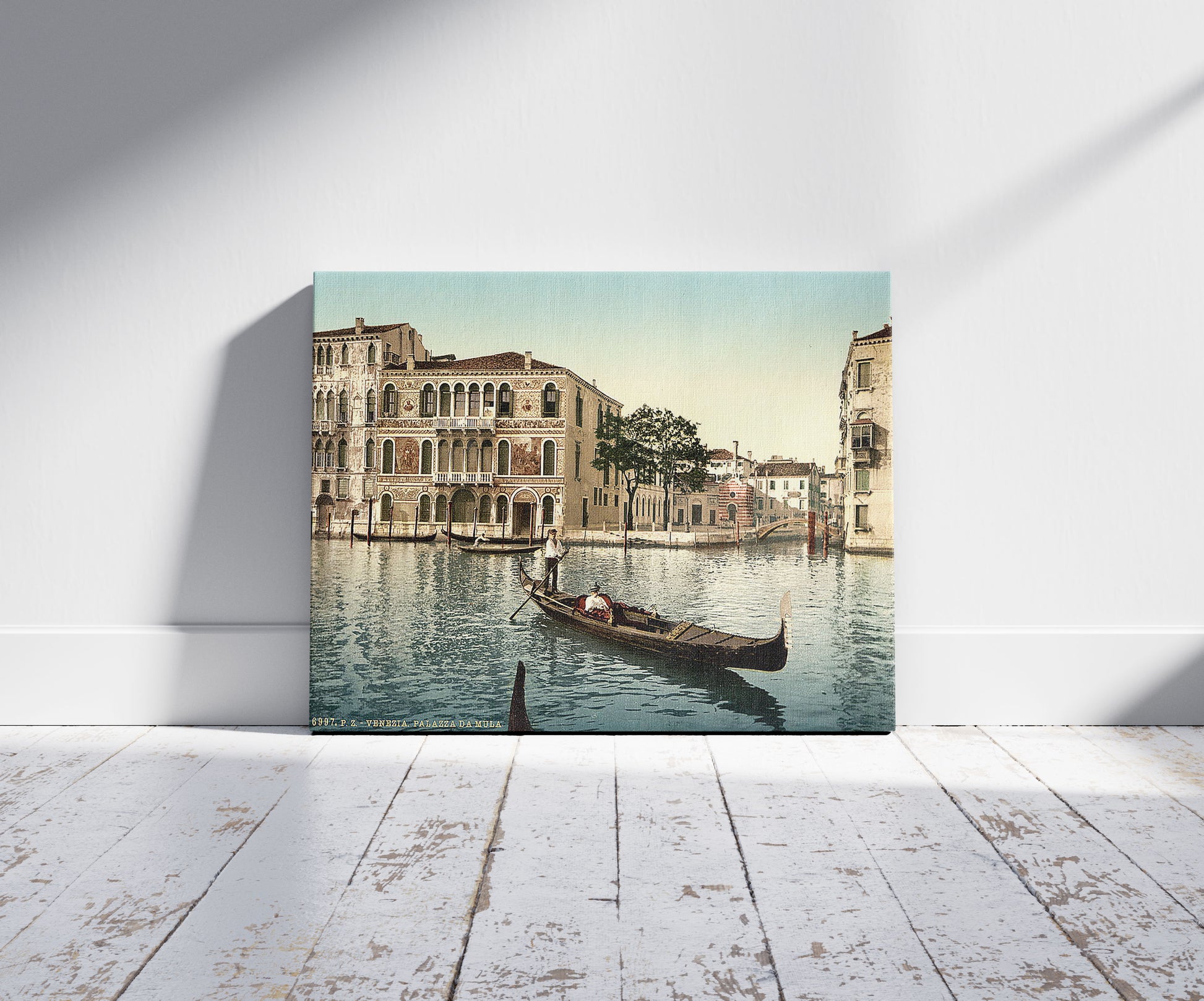 A picture of Da Mulla Palace, Venice, Italy, a mockup of the print leaning against a wall