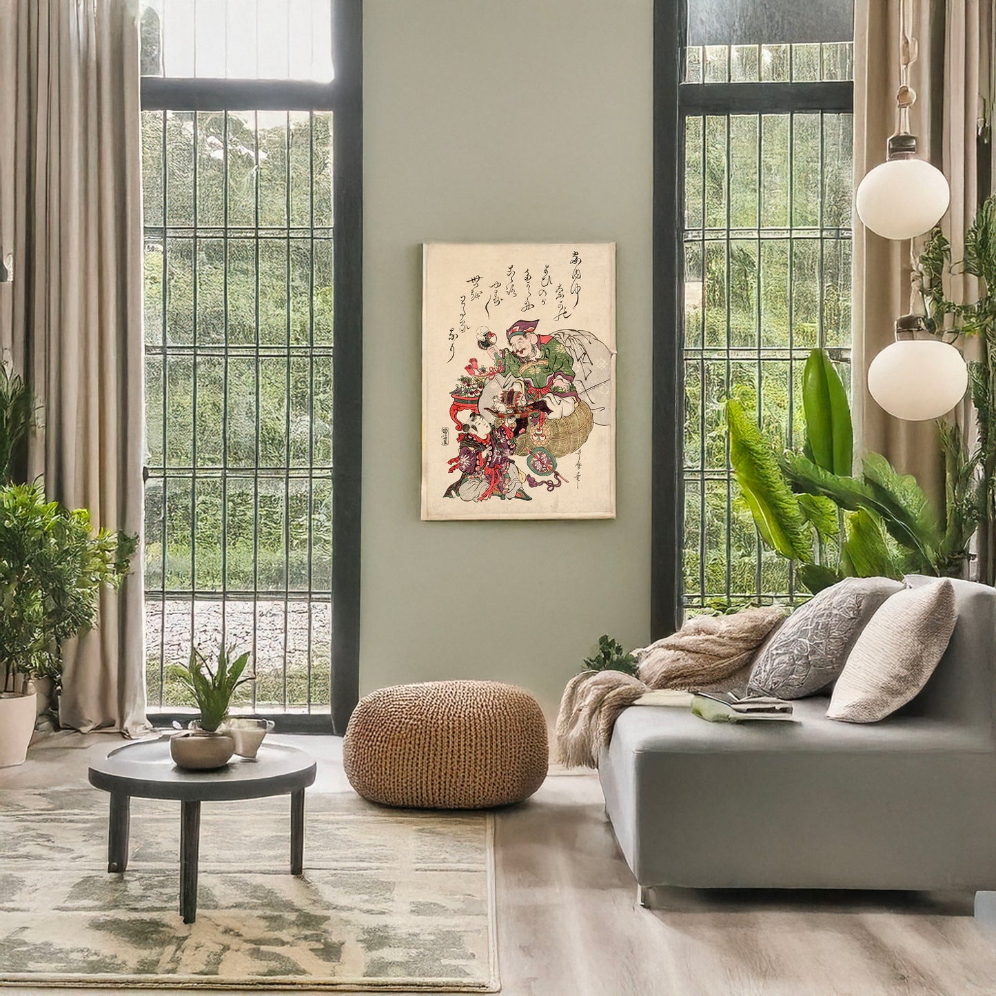 A picture of Daikoku to karako, a mockup of the print leaning against a wall