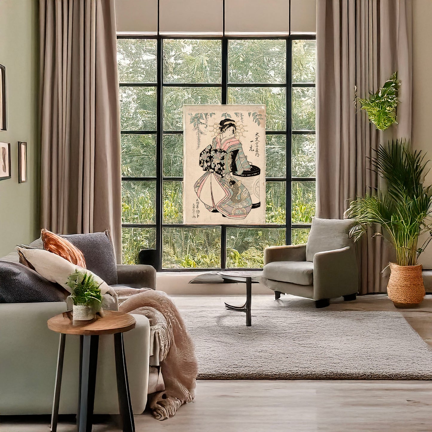 A picture of Daimonjiya uchi ichimoto, a mockup of the print leaning against a wall