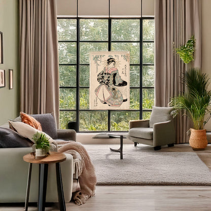A picture of Daimonjiya uchi ichimoto, a mockup of the print leaning against a wall