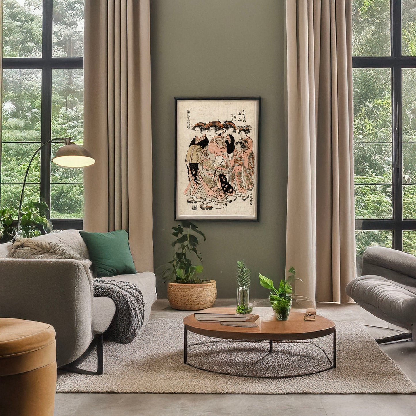 A picture of Daimonjiya uchi tagasode, a mockup of the print leaning against a wall