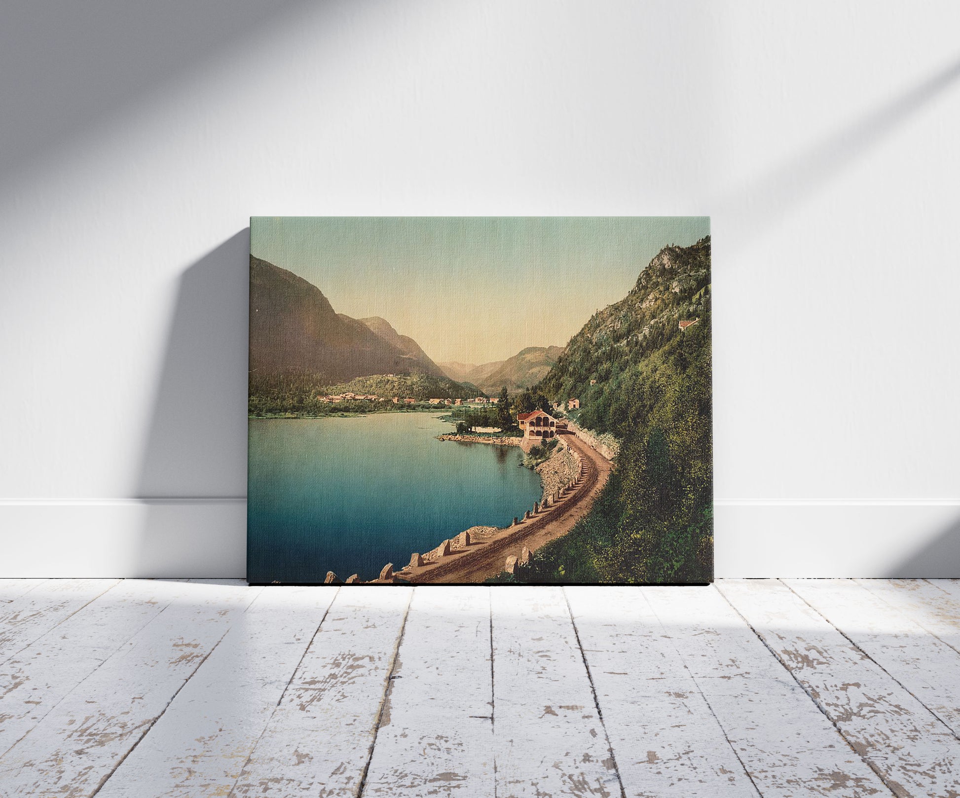 A picture of Dalen, Telemarken (i.e, Telemark), Norway, a mockup of the print leaning against a wall