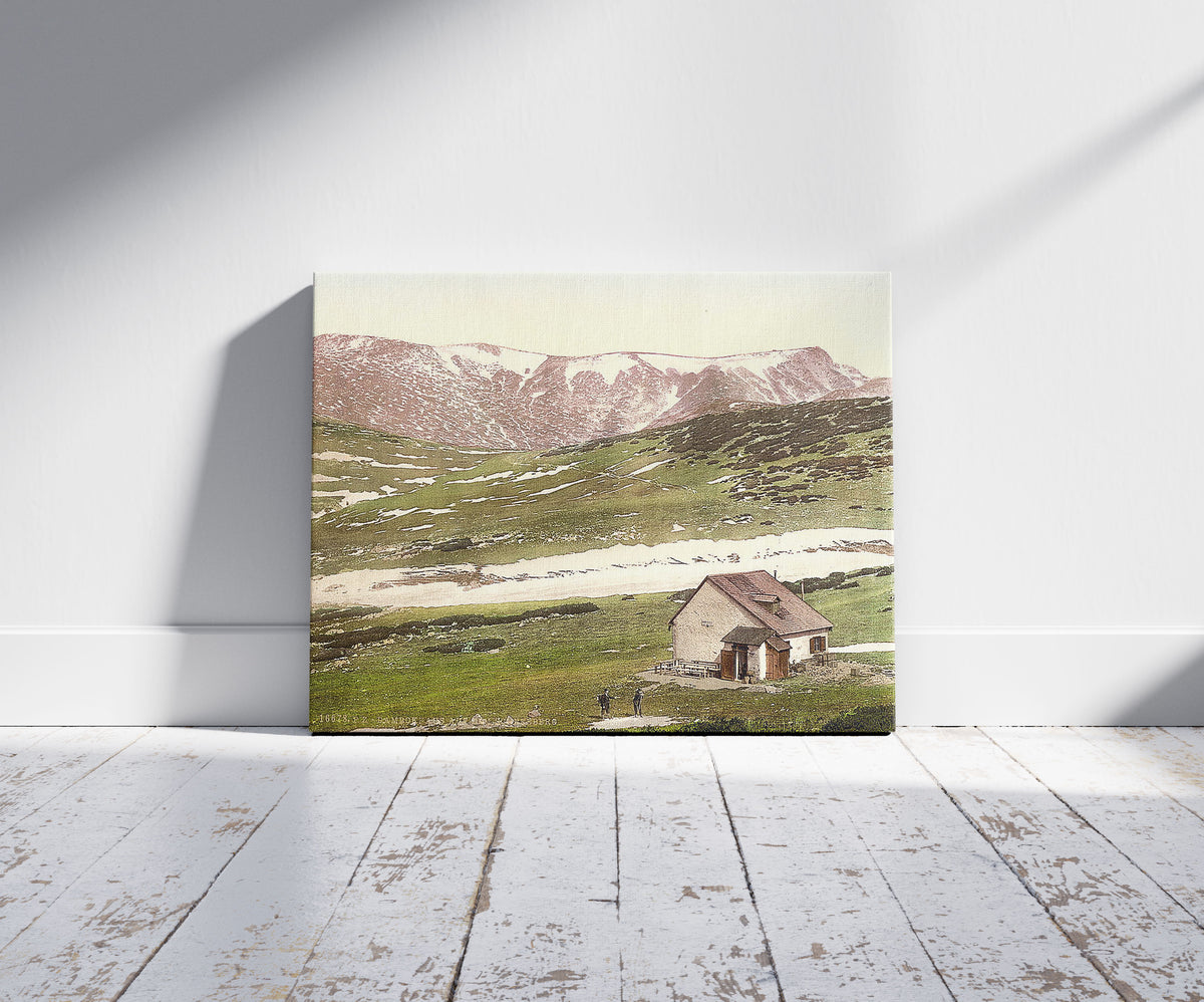 A picture of Dambokhaus on the Schneeberg, Lower Austria, Austro-Hungary, a mockup of the print leaning against a wall