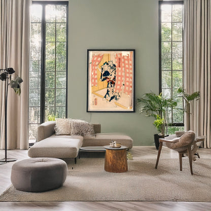 A picture of Danshichi kurobee, a mockup of the print leaning against a wall