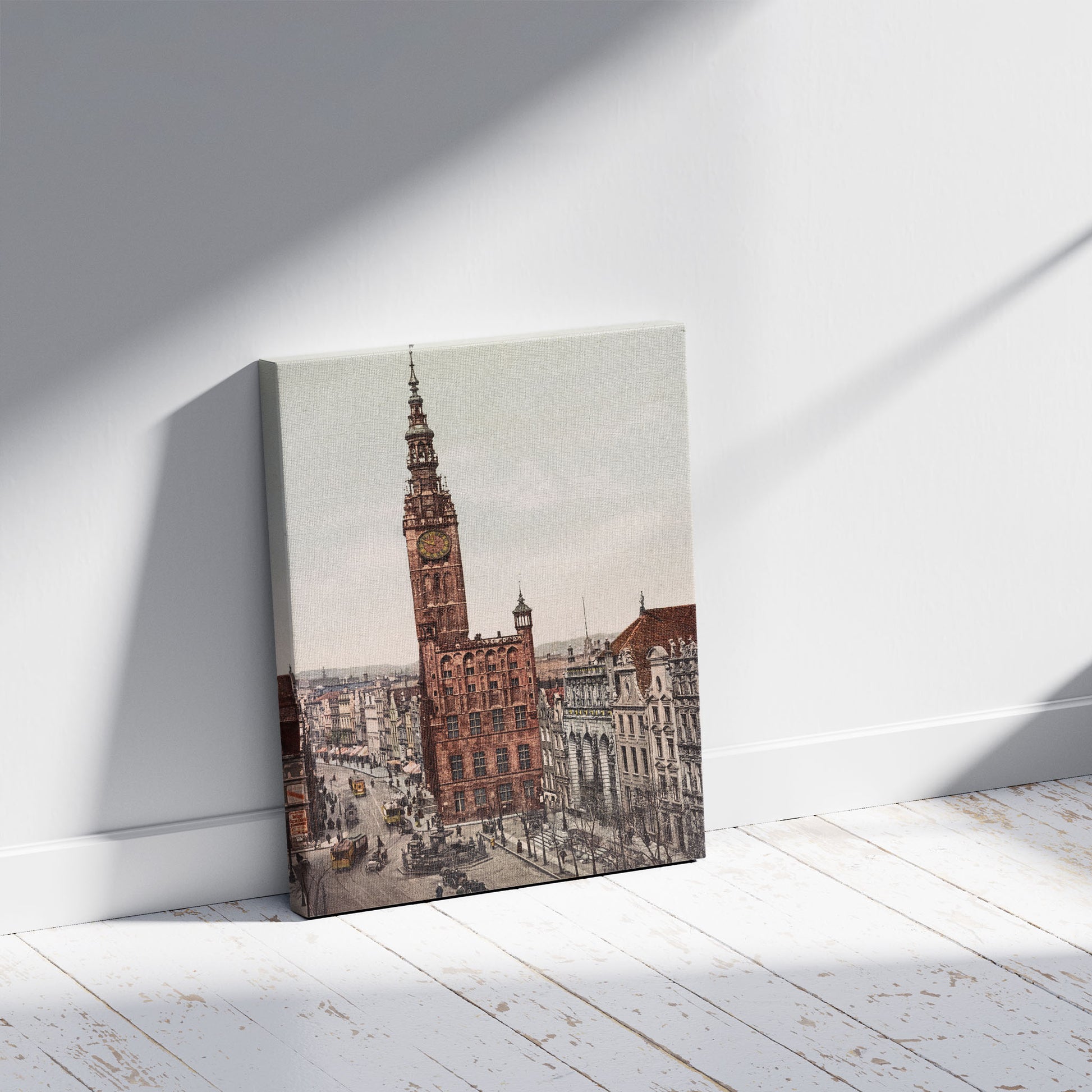 A picture of Danzig. Langenmarkt mit Rathaus und Börse, a mockup of the print leaning against a wall