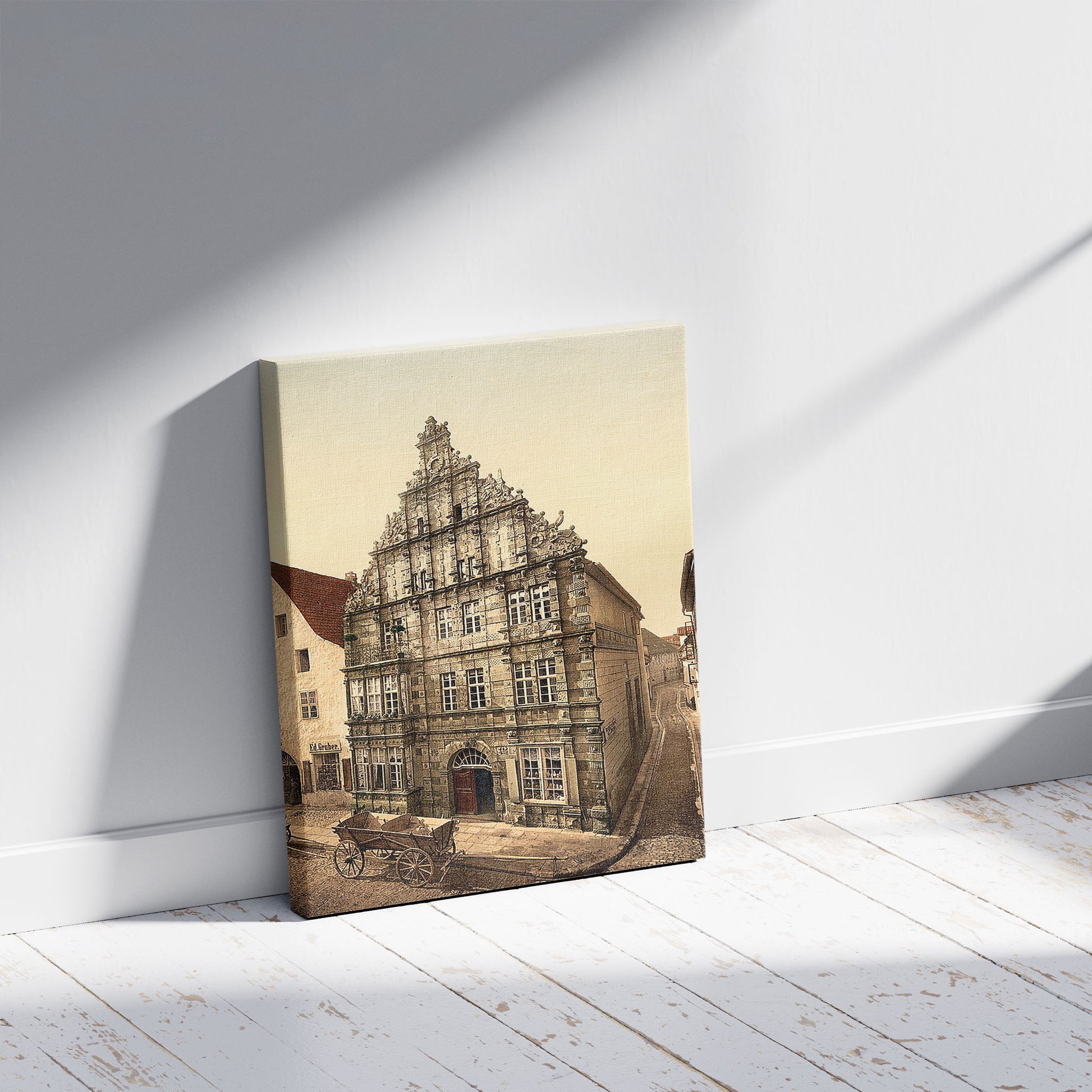 A picture of Das Rattenfangerhaus, Hameln, Hanover, Germany, a mockup of the print leaning against a wall