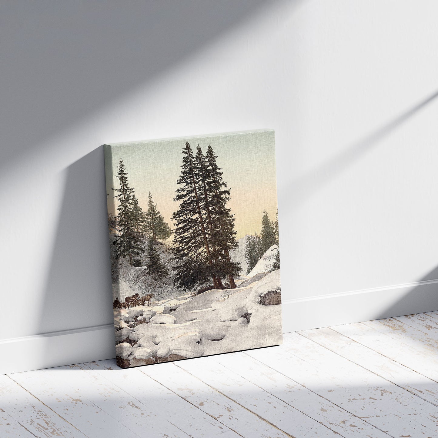 A picture of Davos, in winter, Grisons, Switzerland, a mockup of the print leaning against a wall