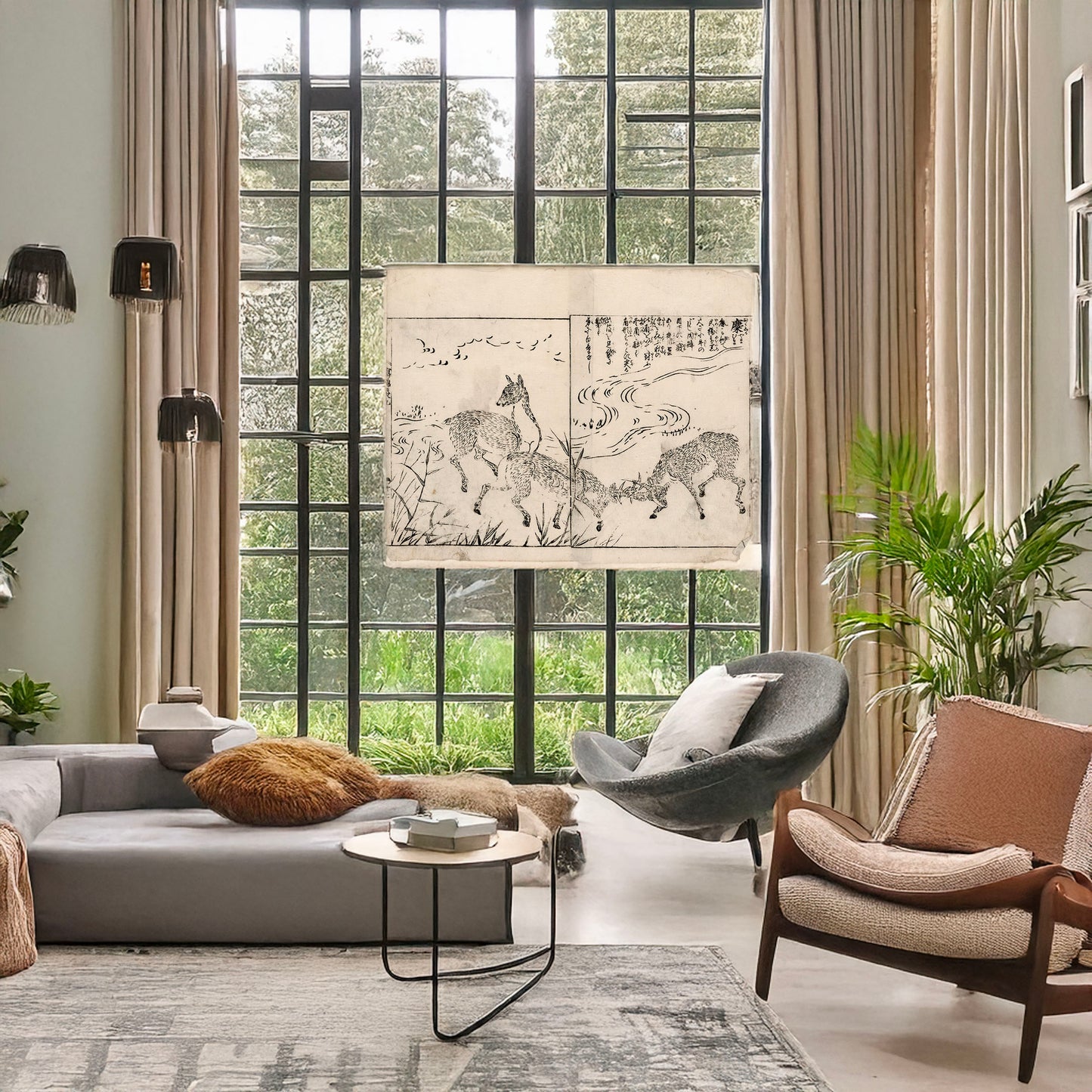 A picture of Deer, two bucks fighting, next to a stream, a mockup of the print leaning against a wall