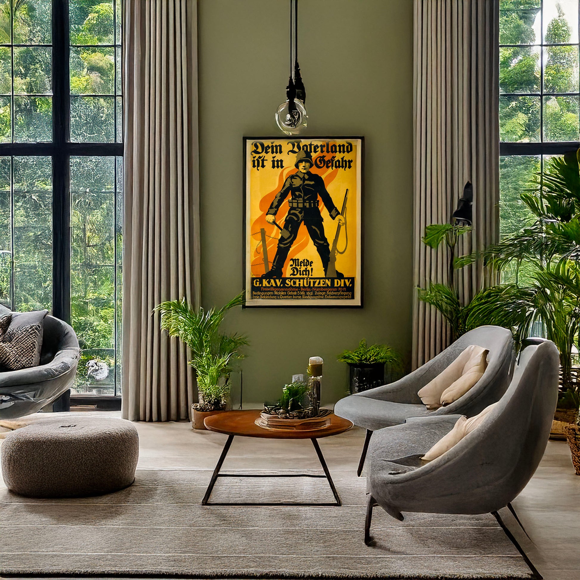 A picture of Dein Vaterland ist in Gefahr, melde dich!, a mockup of the print leaning against a wall