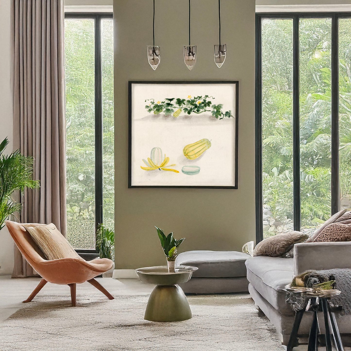 A picture of Delicata squash with plant vines growing in the background, a mockup of the print leaning against a wall