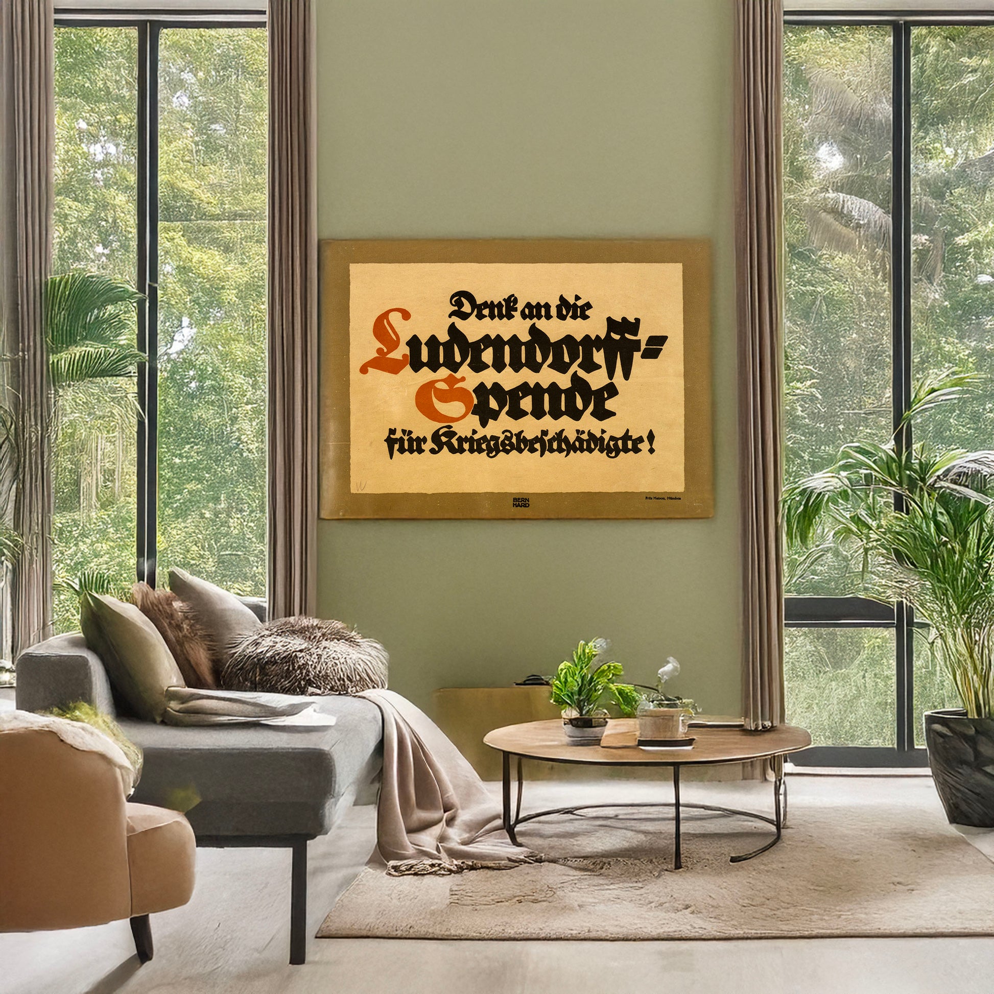 A picture of Denk on die Ludendorff-Spende für Kriegsbeschädigte, a mockup of the print leaning against a wall