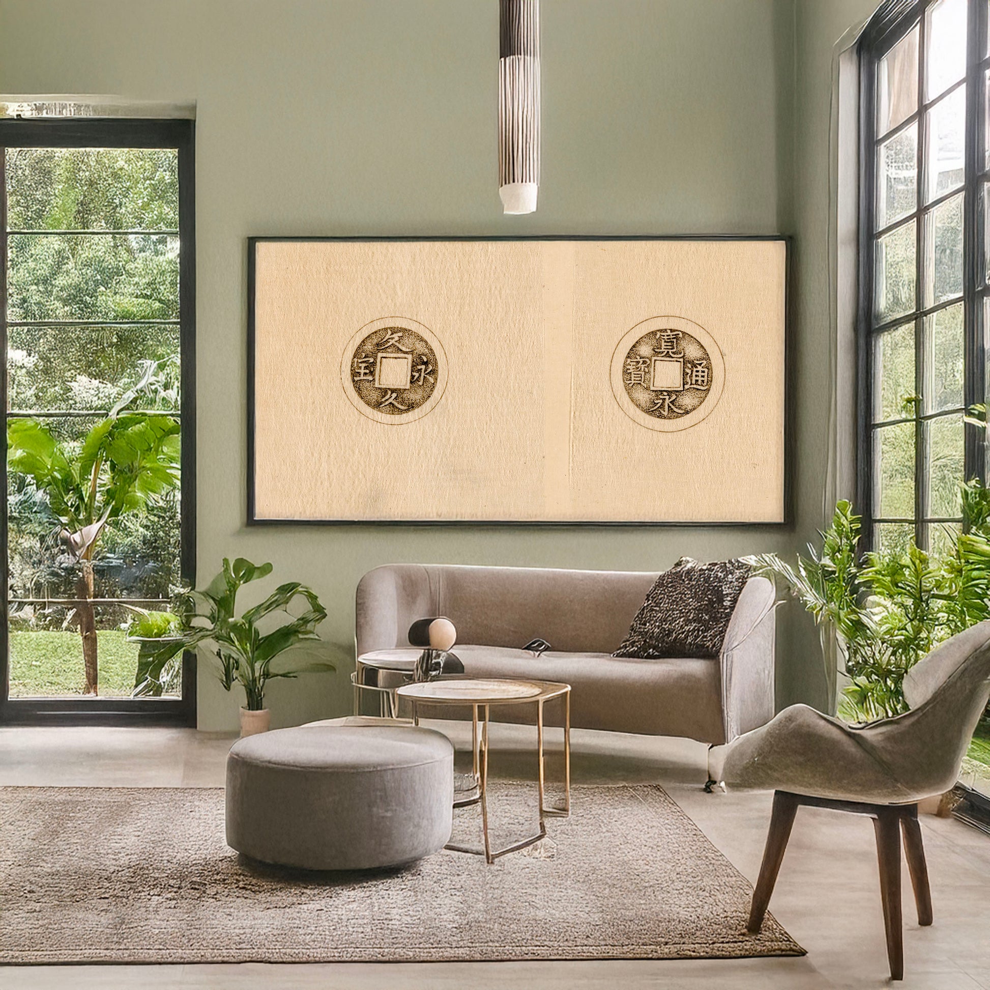 A picture of Design drawings for circular coins with square hole in center, a mockup of the print leaning against a wall