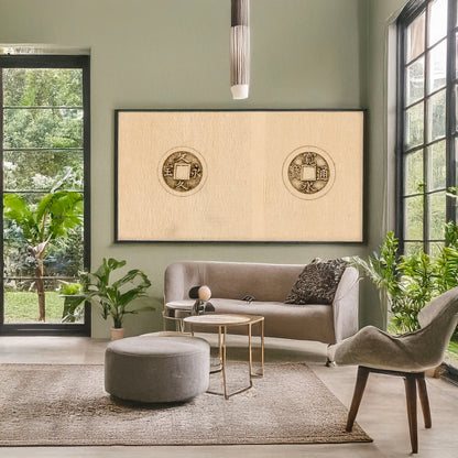 A picture of Design drawings for circular coins with square hole in center, a mockup of the print leaning against a wall