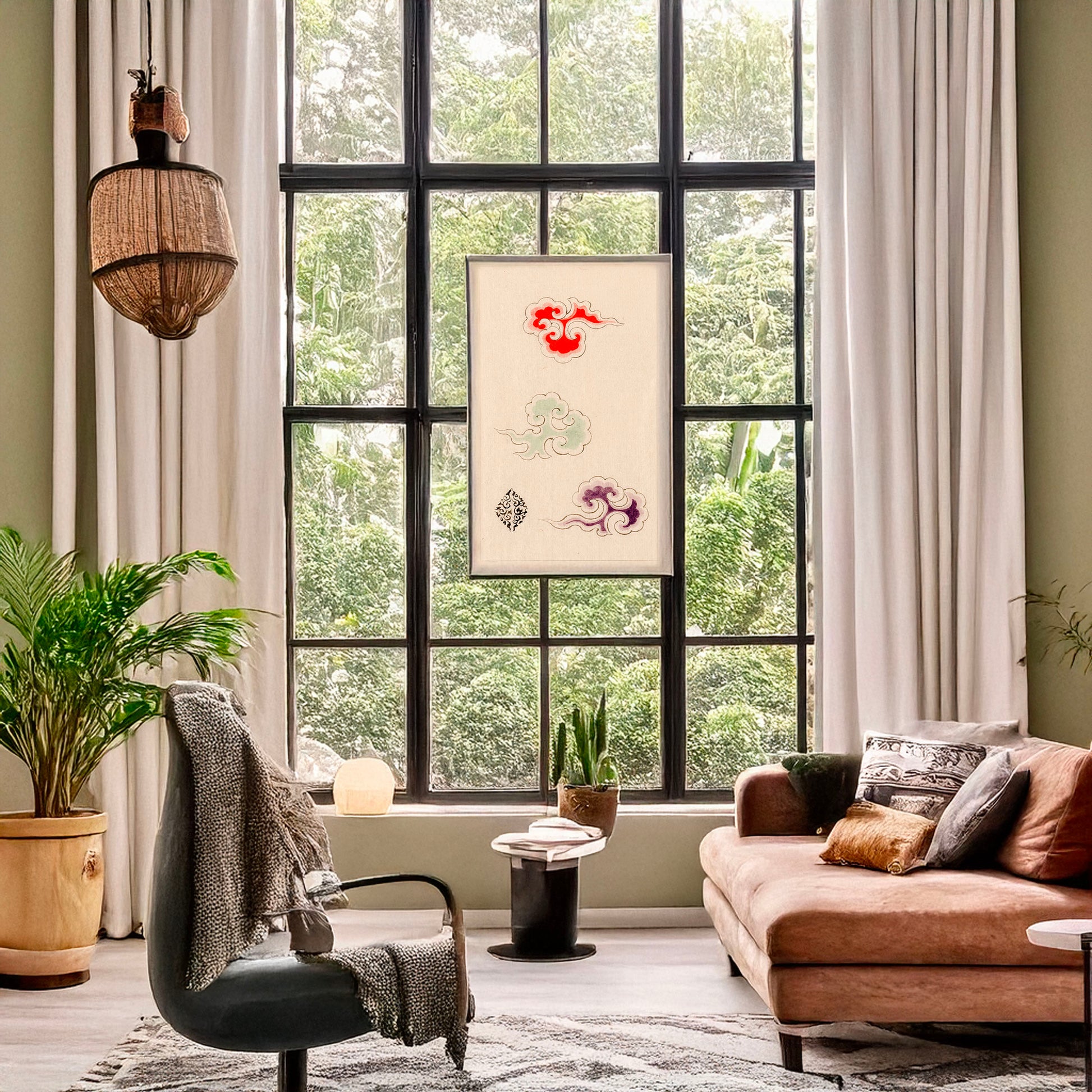 A picture of Designs now on textile fabrics, a mockup of the print leaning against a wall