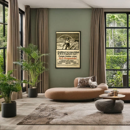 A picture of Die 9. Kriegsanleihe!, a mockup of the print leaning against a wall