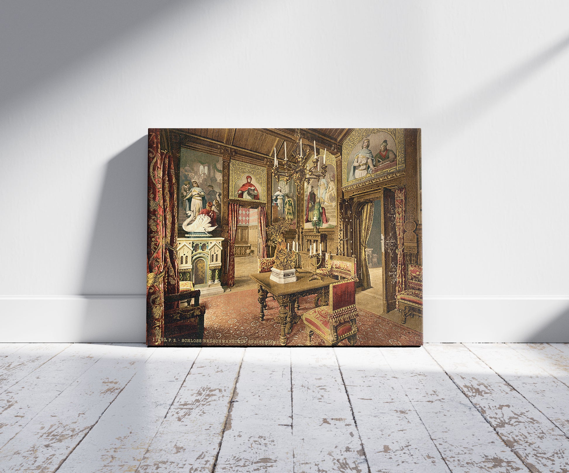 A picture of Dining room, Neuschwanstein Castle, Upper Bavaria, Germany, a mockup of the print leaning against a wall