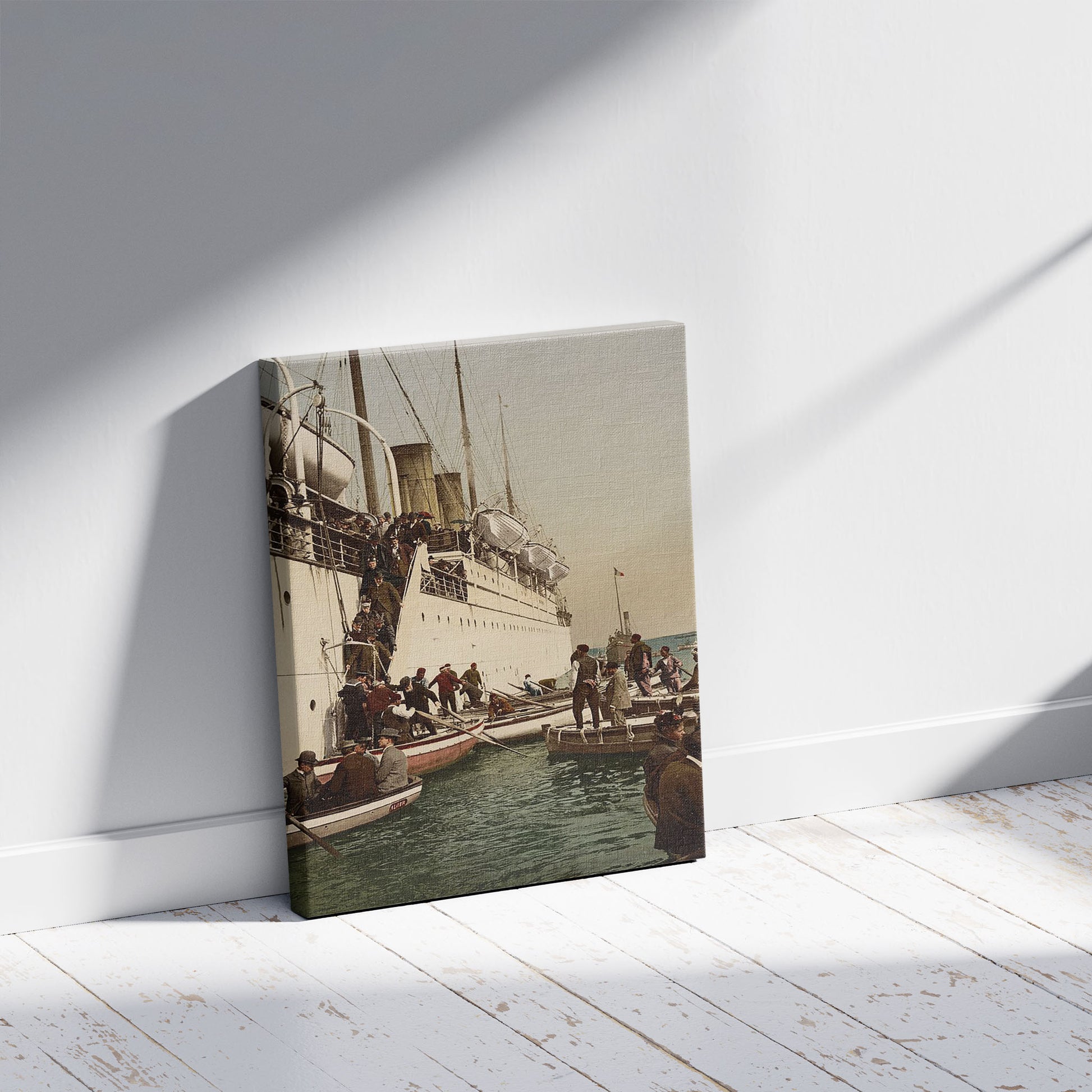 A picture of Disembarking from a ship, Algiers, Algeria, a mockup of the print leaning against a wall