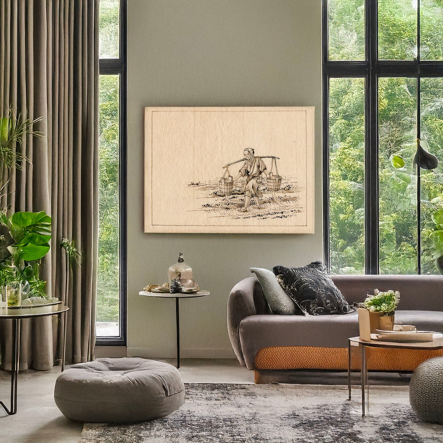 A picture of Distributing fertilizers, a mockup of the print leaning against a wall