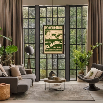 A picture of Do your duty - join the U.S. Marines Help them defend America on land and sea., a mockup of the print leaning against a wall