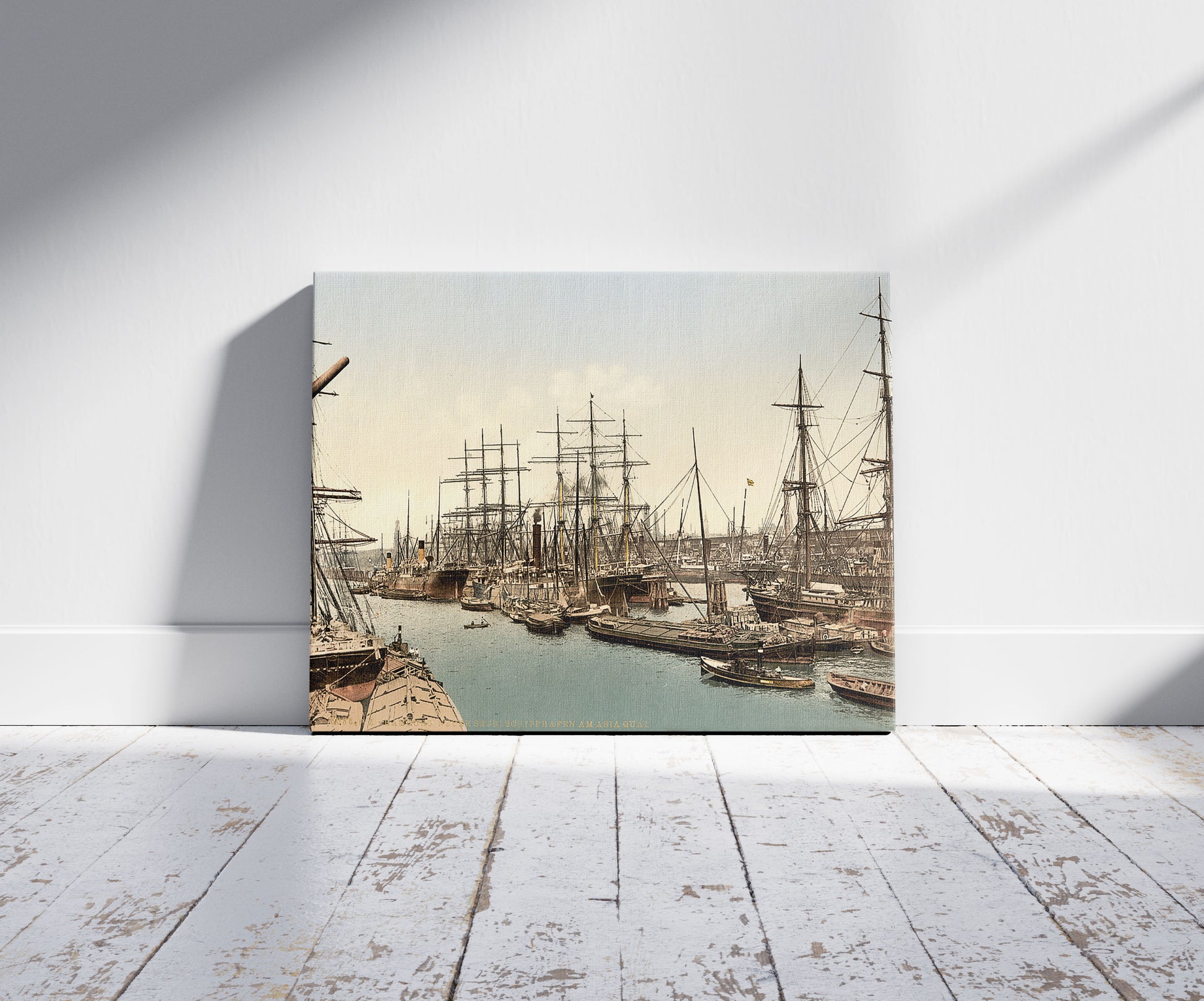 A picture of Docks and shipping, Hamburg, Germany, a mockup of the print leaning against a wall