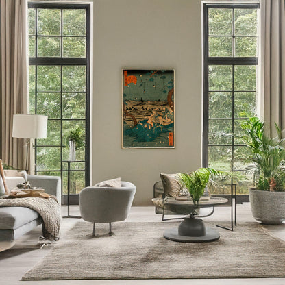 A picture of Dōkanyama mushi kiki, a mockup of the print leaning against a wall