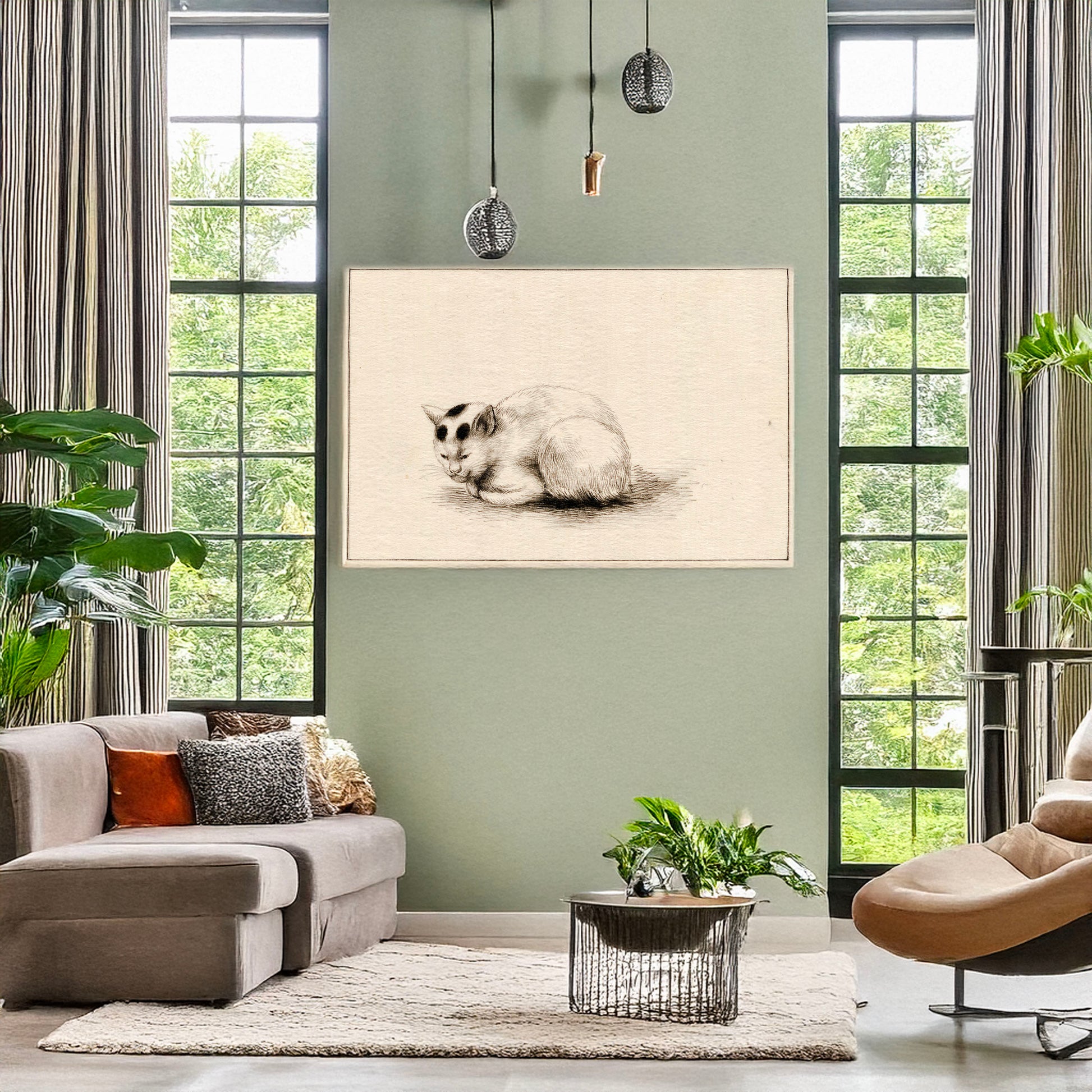 A picture of Domestic cat, a mockup of the print leaning against a wall