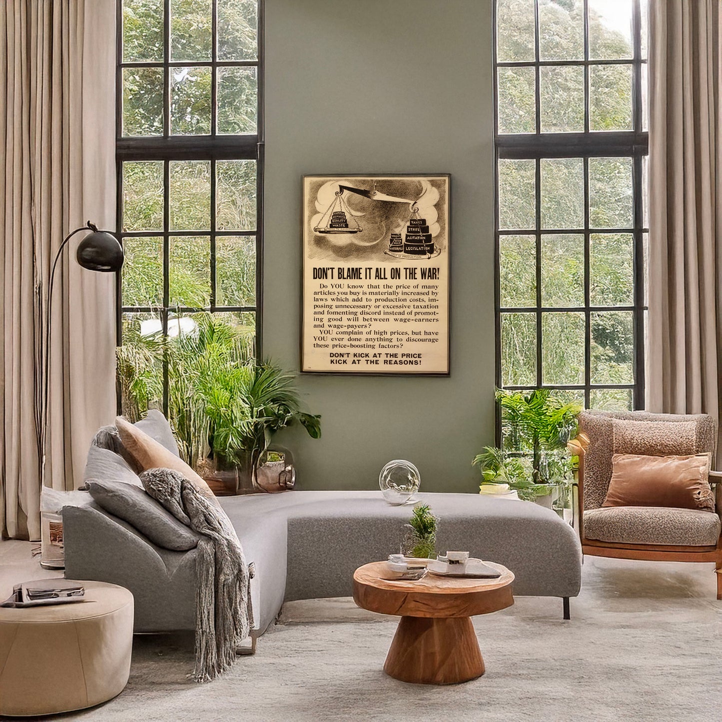 A picture of Don't blame it all on the war!, a mockup of the print leaning against a wall