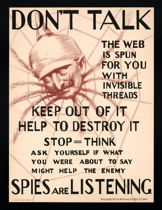 A picture of Don't talk, the web is spun for you with invisible threads, keep out of it, help to destroy it--spies are listening